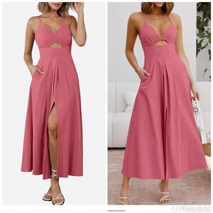 NWT Spaghetti Strap Dress Sleeveless V Neck Cutout Slit Casual